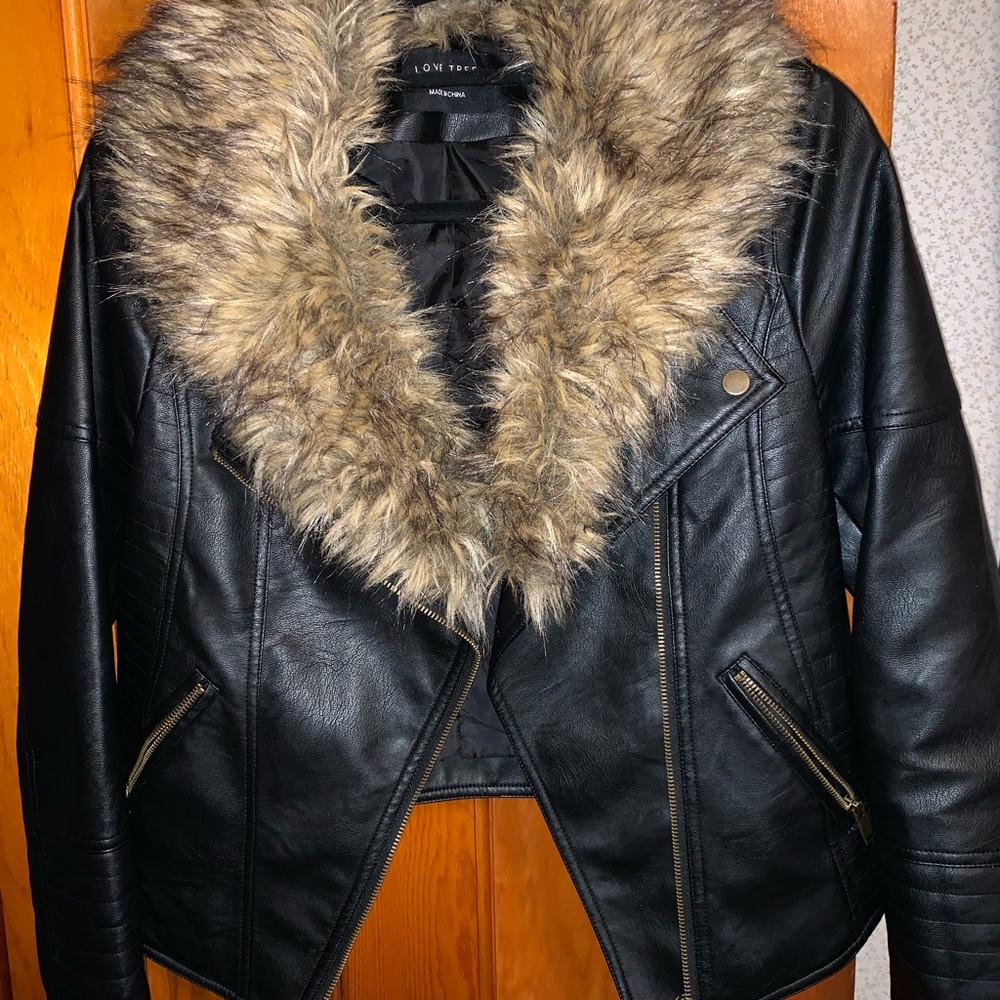 Faux leather jacket with fur collar